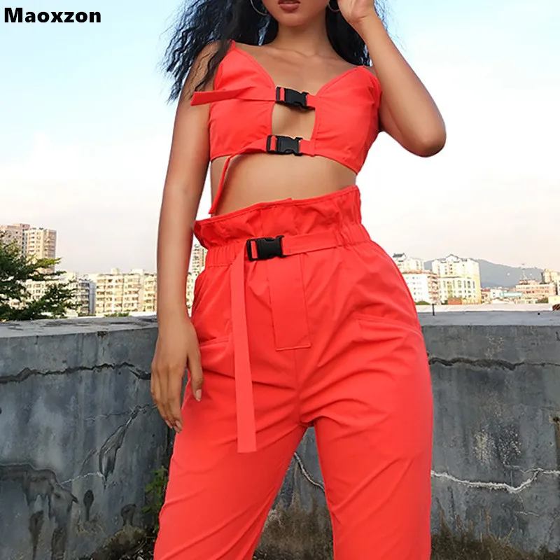 

Maoxzon Womens Sets Red Athleisure Active Sexy Strap Backless Sleeveless Two Piece Crop Tops Long Pants Suits Outfits For Female