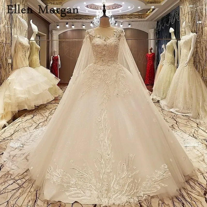 

Cheap Lace Ball Gowns Wedding Dresses 2019 Sexy Sheer Neck Cape Lace Beaded Custom Made Ivory Embroidery Bridal Gowns