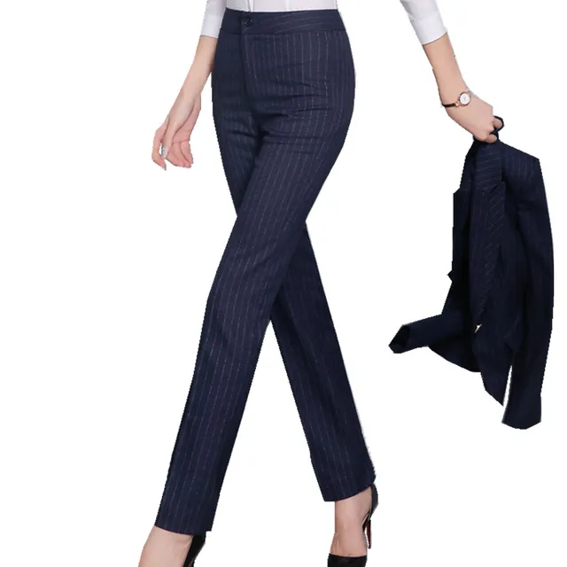 Fmasuth Forml Pants Women Office Blue Stripe 3XL Plus Size Full Length High Waist OL Ladies