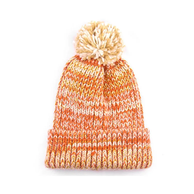 Новые зимние двойные шапочки в несколько слоев, Женская Шапка-бини, модная утолщенная Вязаная Шерстяная Шапка оранжевого цвета для девочек, шапки с помпонами HC08 - Цвет: Оранжевый
