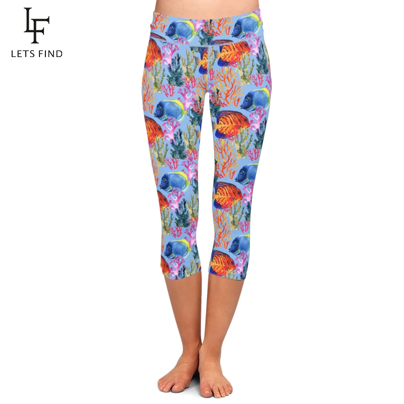 LETSFIND New Women Leggings Fish and Seaweed Print Summer Style Capri Leggings High Waist Mid Calf Casual Pants
