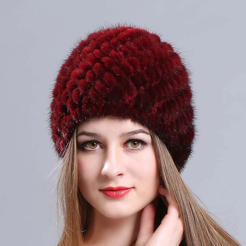 Striped Knitting cap Mink fur Knitted Hats female beanies natural fur