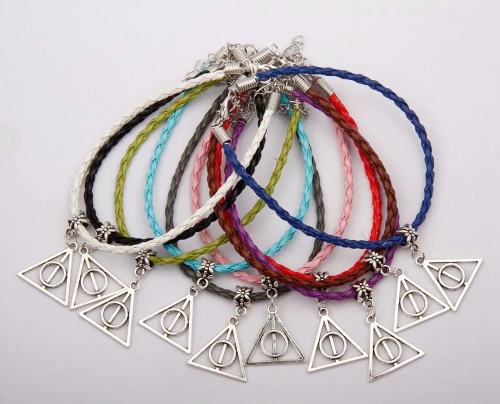 Модные украшения Винтаж серебро Дары смерти Шарм многоцветный плетеная веревка защиты Браслеты браслет Для женщин 50 шт. E207