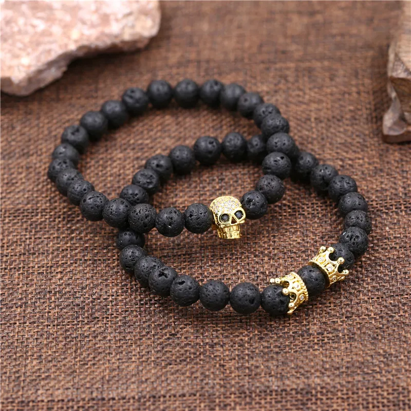 Pave CZ Skull &amp Crown Charm Bracelets Sets 2Pcs/Set Elastic Black Lava Beads Skeleton Men Male Hand bracelets | Украшения и