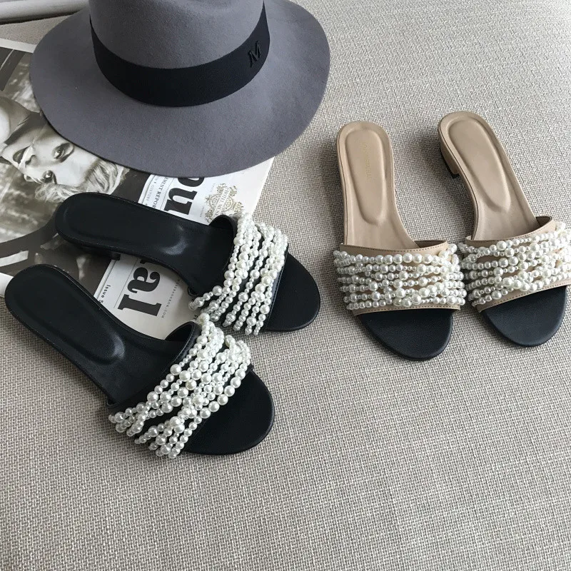 

2018 New Spring Summer Shoes Woman Casual Slippers Designer Leather Pearls Open Toe Woman Cozy Flats Outside Slides Woman Shoes