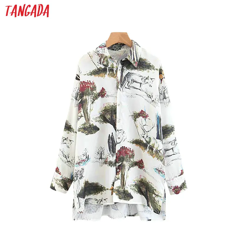 

Tangada fashion women blouse print shirts oversized asymmetrical turn down collar long sleeve shirt cozy women clothing XL96