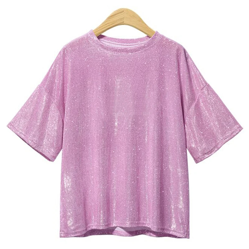 Trytree Spring Summer Women t shirt Casual Polyester tshirt Fashion O-Neck Pink Silver Tops clothes Solid Polyester Shirts
