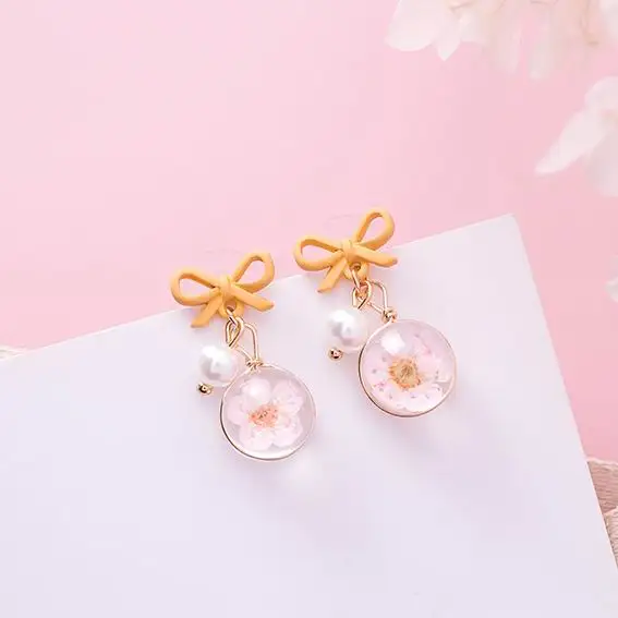 

MENGJIQIAO 2018 New Women Accessories Glass Ball Flower Drop Pendientes For Women Simulated Pearl Cute Bowknot Boucle D'oreille