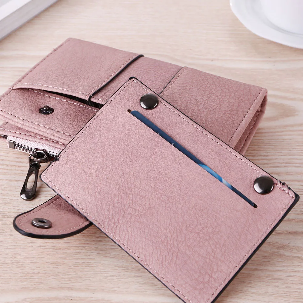 Women Simple Retro Rivets Short Wallet Zipper& Hasp Durable Money Clip Credit Card Wallet Monederos Para Mujer#BL5