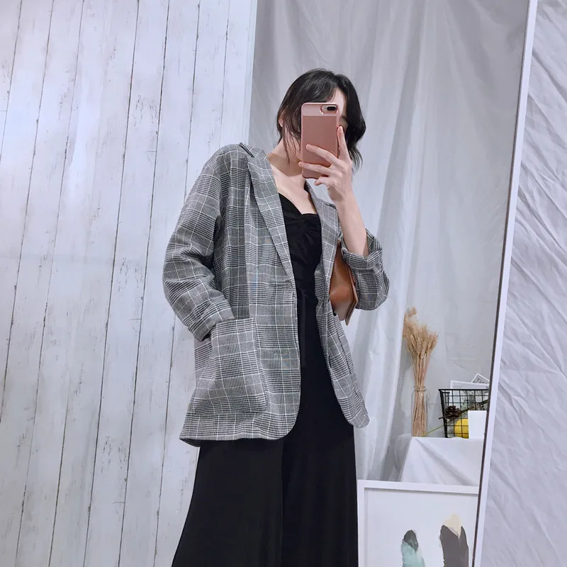 Корейские весенние винтажные тонкие блейзеры, женские модные однобортные повседневные блейзеры с большими карманами, Женская шикарная свободная одежда