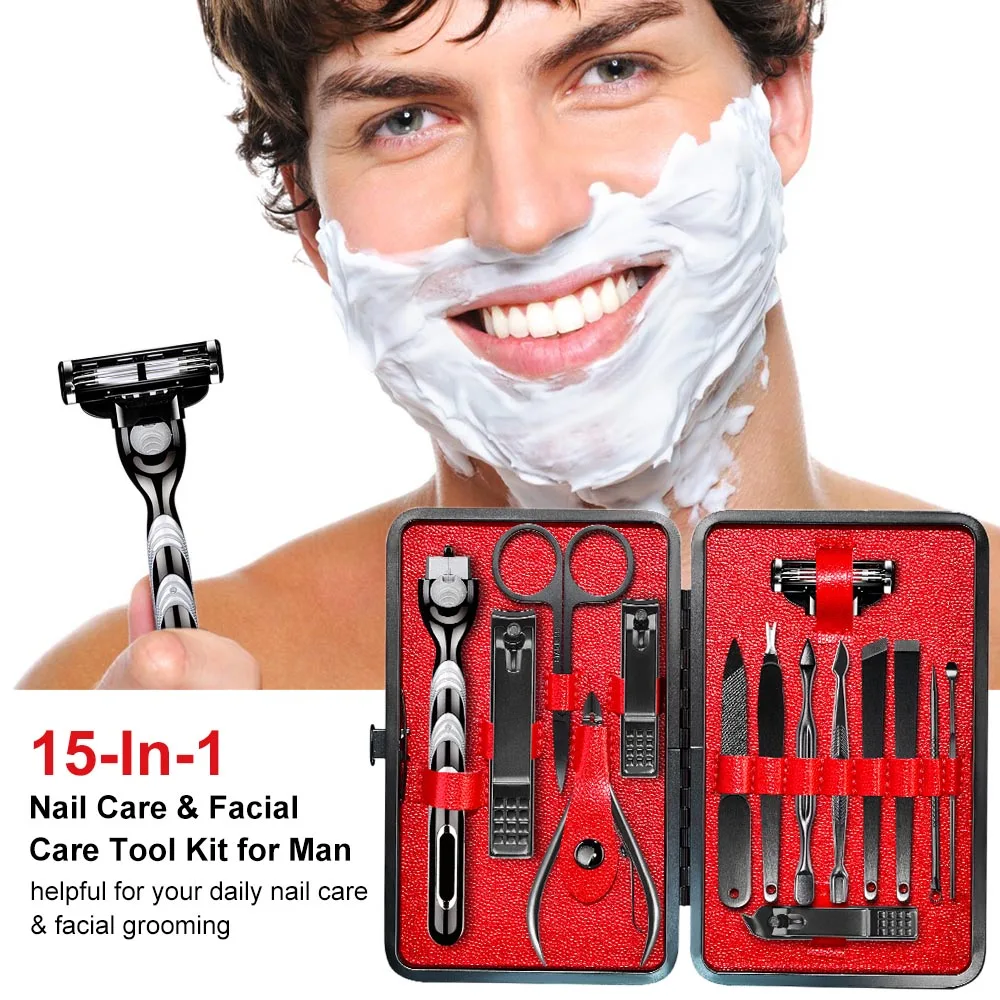 15 в 1 педикюр и маникюр набор кусачки и пилочка для ногтей триммер для бороды инструменты для бритья путешествия и уход Набор для дизайна ногтей инструмент с полиуретановой сумкой