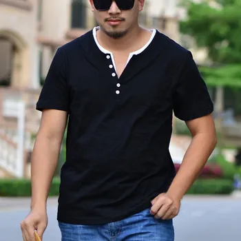 

FAISIENS Big Sizes Cotton T Shirt Hipster Panelled V Neck Buttons 5XL 6XL 7XL 8XL Short Sleeve Blue Black Gray Purple Men Tshirt