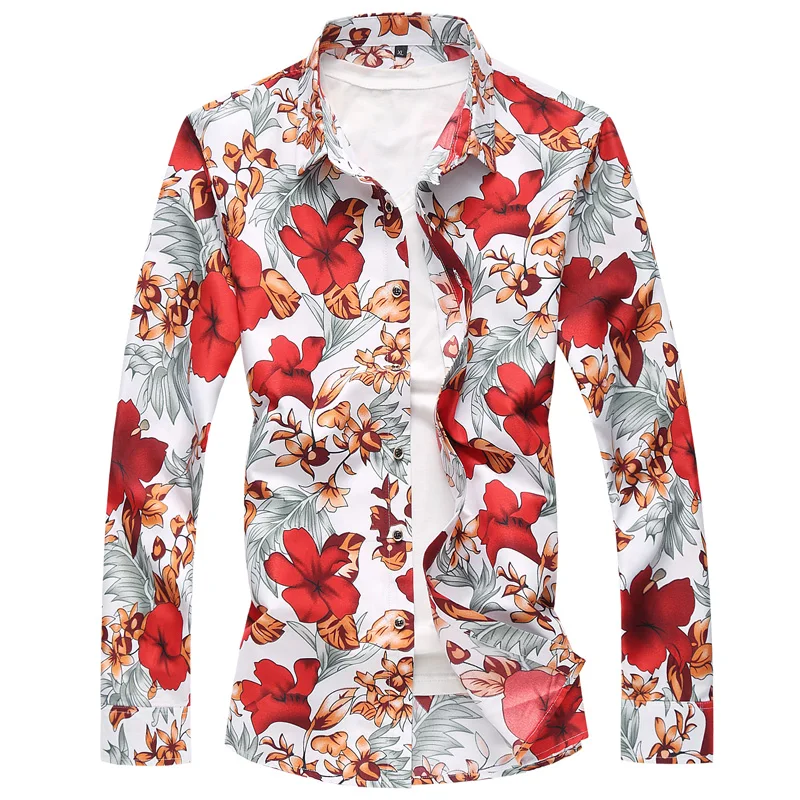 

Flower shirt large size S-7XL men's square collar flower shirt men's long sleeve 100% cotton comfortable slim casual shirt