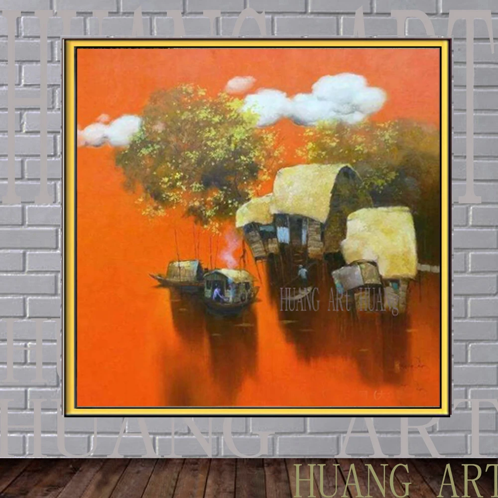 

High quality red small Vietnam countryside original famous Artist Dang Van Can oil painting huts modern style home decoration an