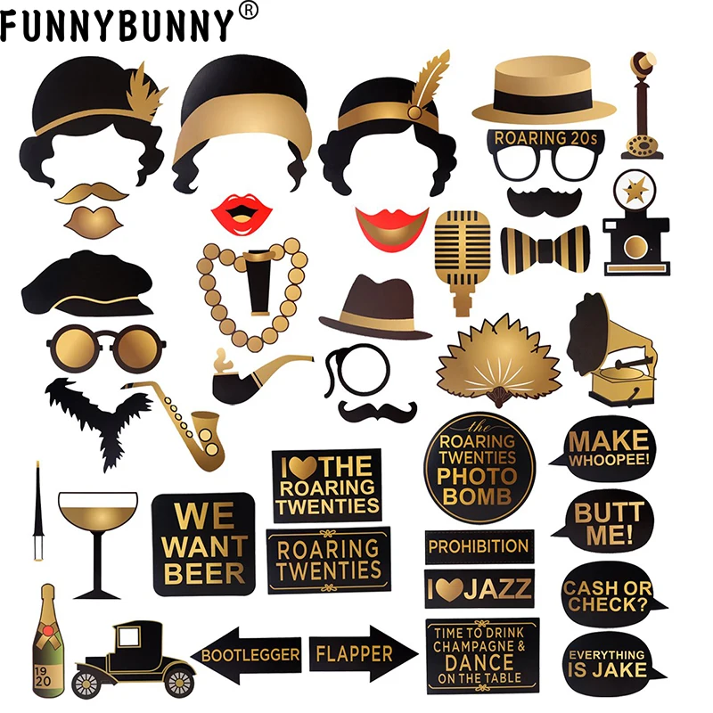 

FUNNYBUNNY Party Photo Booth Props 42pcs Roaring Twenties Photo Booth Props 1920s Wedding Photo Booth Backdrop Decorations