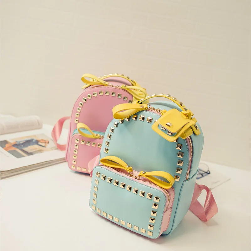 

Korean Version of The Candy Hit The Color Rivet Backpack Girls Small Leather Shoulder Bag Fashion Travel Bags Mochila Escolar