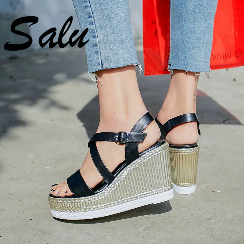 

Salu 2019 Elegant Vintage Sandals Women High Quality Genuine Leather Solid Concise Wedges Sandals Summer Buckle Shoes Woman
