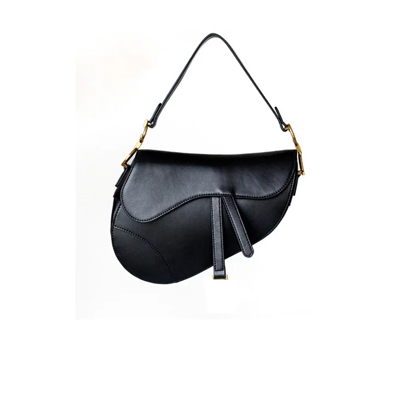 

Women Handbag Real Leather Designer Saddle Bag for Woman High Quality Female Wide Strap Shoulder Bags