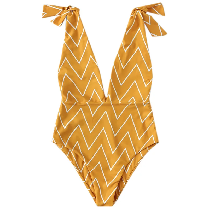 

Yellow Stripe Self Tie V-Plunge One Piece Swimsuit Beach Vacation Wireless Women Summer Swimwear