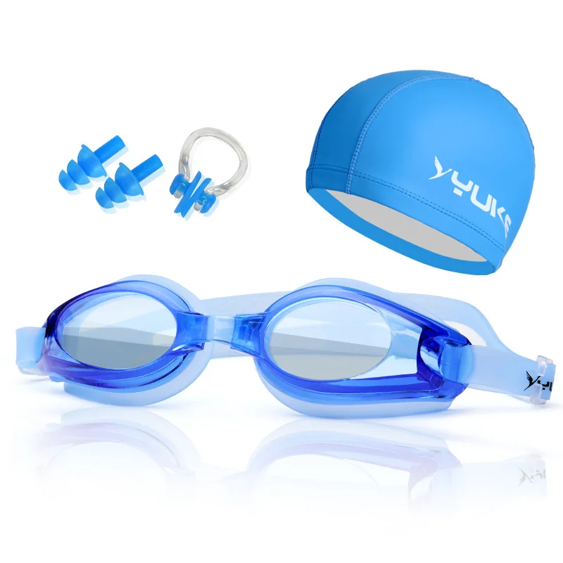 YUKE, очки для плавания, анти-туман, плоские очки, очки для плавания оптика, с ушами, защита, заглушка, зажим для носа, ПУ, шапочка для плавания для мужчин и женщин - Цвет: Blue