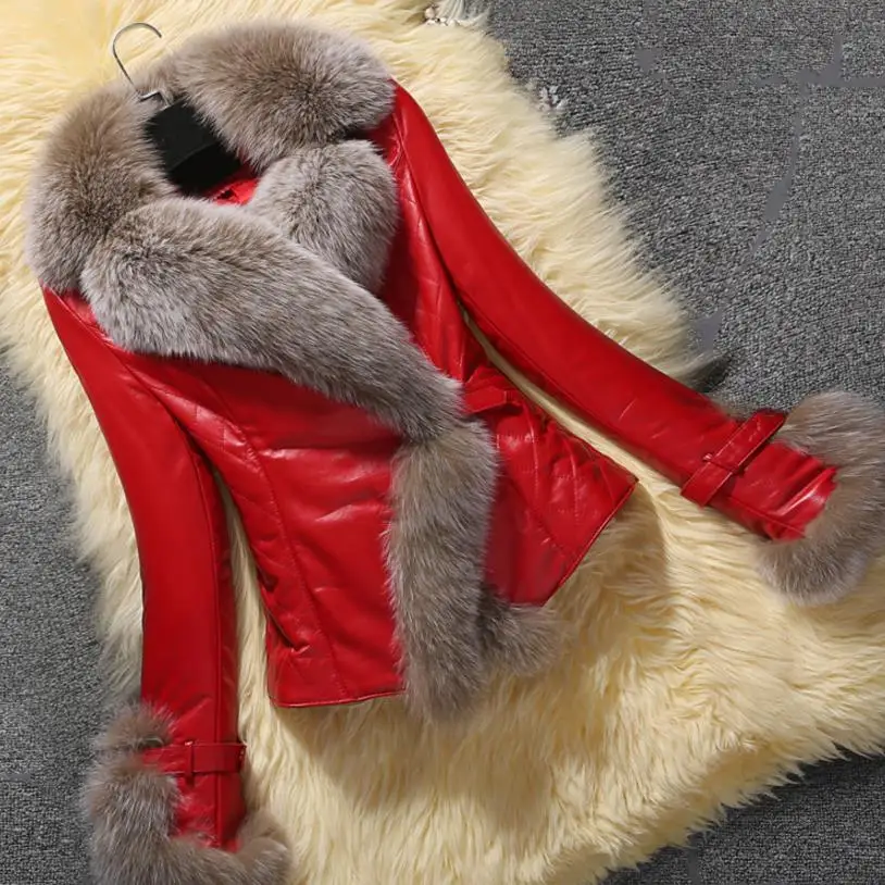 

winter new Slim PU leather short Faux fox fur coat v collar thick leather jacket