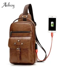 Aelicy Vintage Crossbody bolsos hombres cremallera bolsa de cintura sólida bolsos de hombro de cuero pecho bolsa USB con agujero trasero bolso paquetes monedero