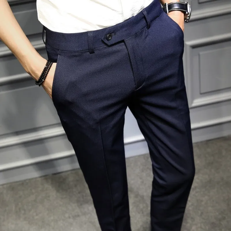 Однотонные мужские деловые брюки, мужские брюки, мужские брюки, повседневные Черные, темно-синие офисные брюки, облегающие мужские брюки, повседневные