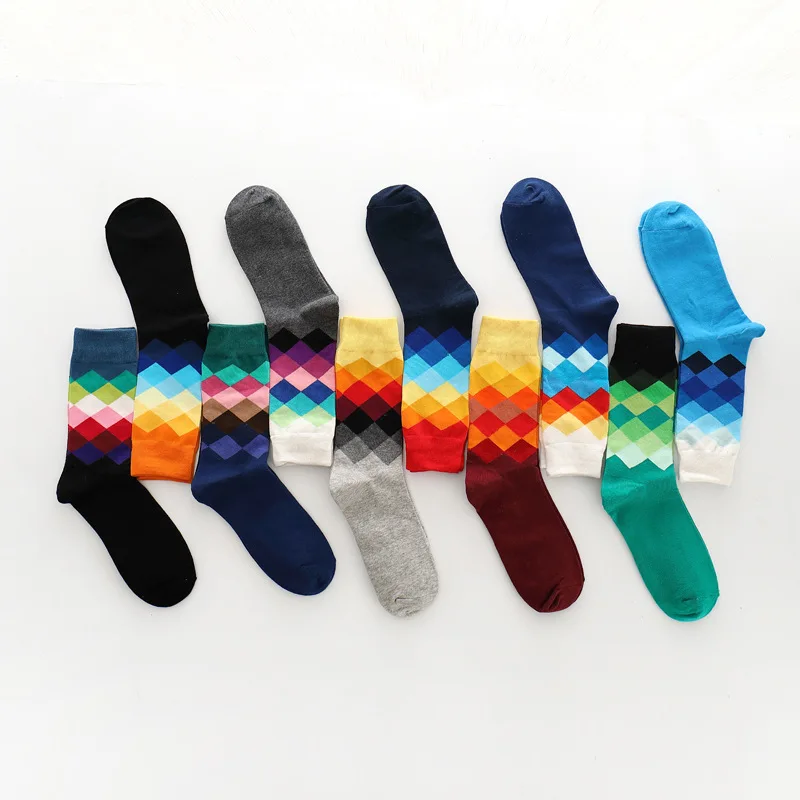 10 пар/уп. Модные Полосатые клетчатые градиентные цветные носки чесаные длинные хлопковые носки для мужчин цветные носки в ромбик подарки