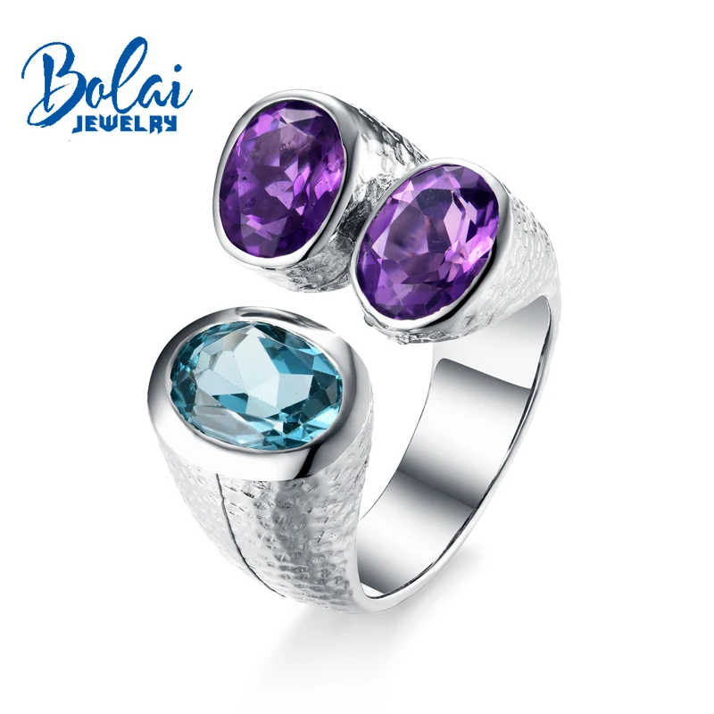 

Bolaijewelry,Natural deep topaz and amethyst Gemstone adjustable Ring 925 sterling silver fine jewelry for women party gift box