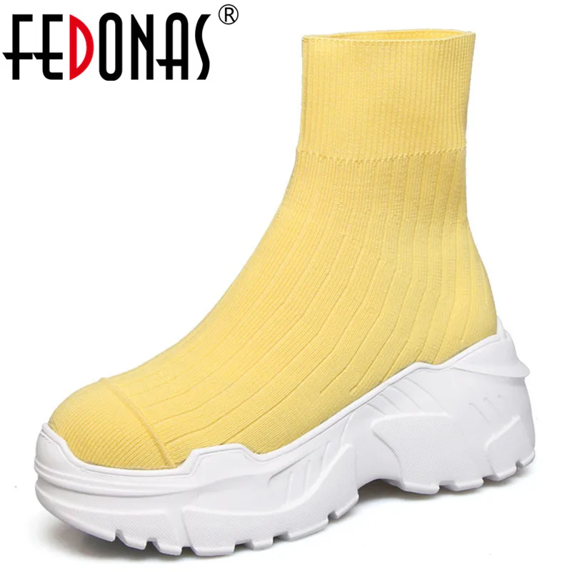 

FEDONAS New Stretch Boots High Platforms Casual Shoes Woman Slip On Spring Autumn Round Toe Short Martin Shoes New Female Boots