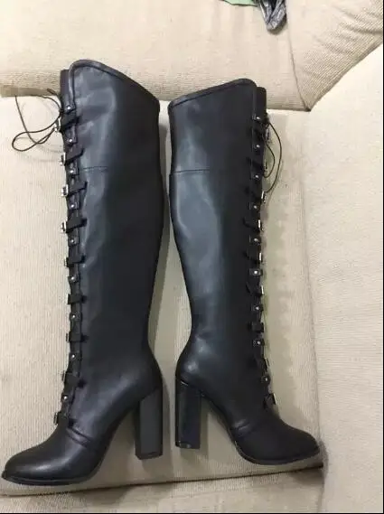 

Over the knee women boots with round toe chunky heels cross-tied design rivet&buckle decoration women Spring Autumn black boots