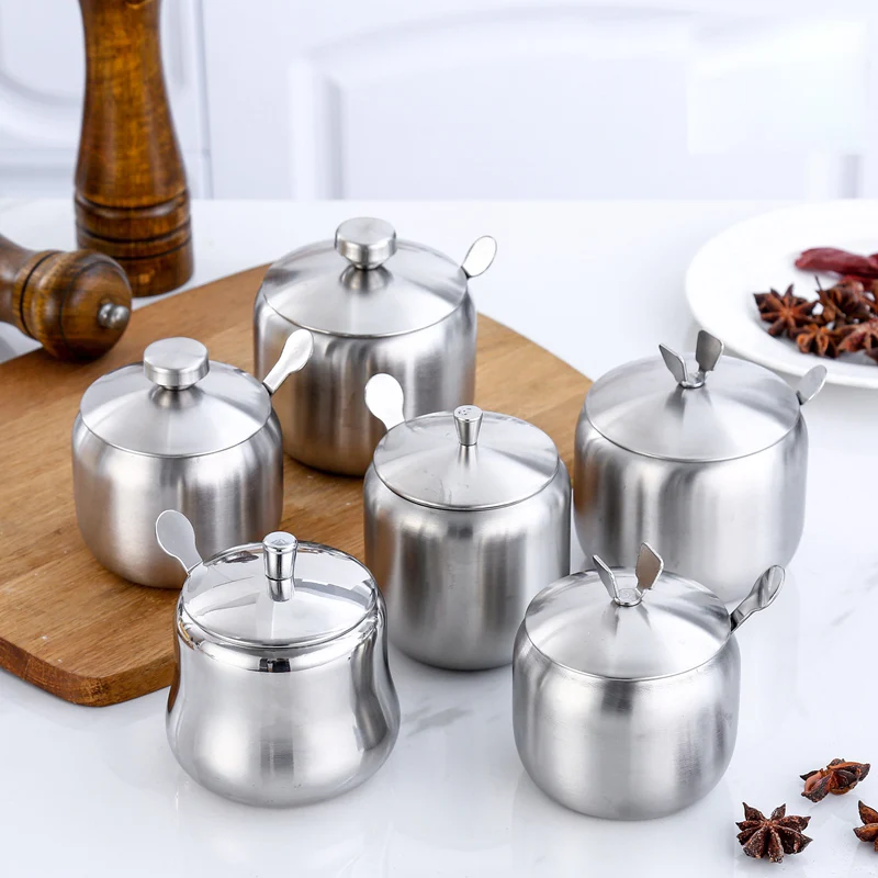 

304 Stainless Steel Spice Box With Spoon Chili Oil Tank Pepper Herb Sugar Salt Seasoning Storage Jar Kitchen Cooking Tool
