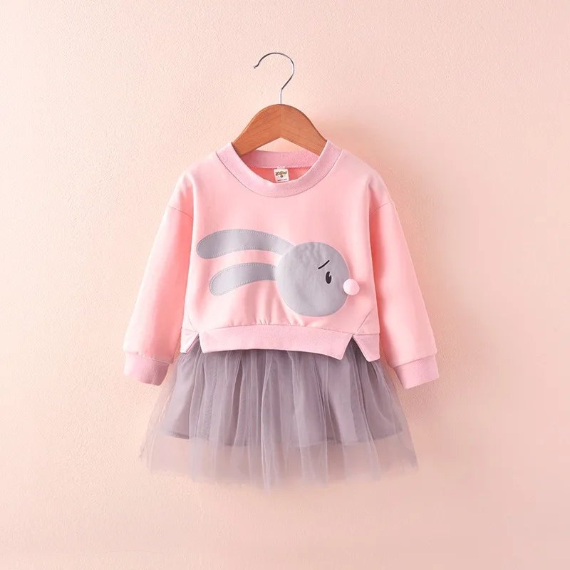 

Children's Birthday Clothing Girls Dress Spring Autumn New Long-Sleeved Cartoon Rabbit Fake 2 Chiffon Sweater Stitching Dresses