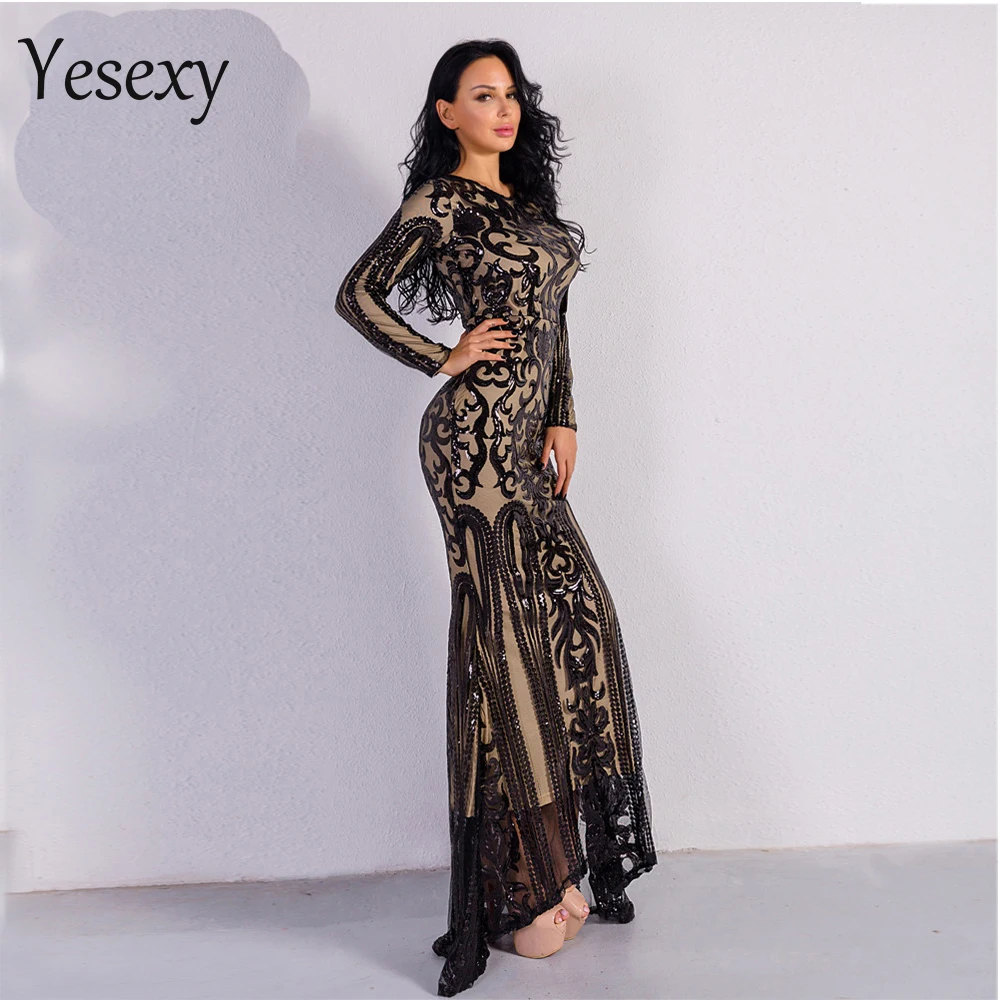 Yesexy, сексуальные ретро платья с круглым вырезом и длинным рукавом, женские макси платья с блестками, Осенние великолепные элегантные женские платья VR8578