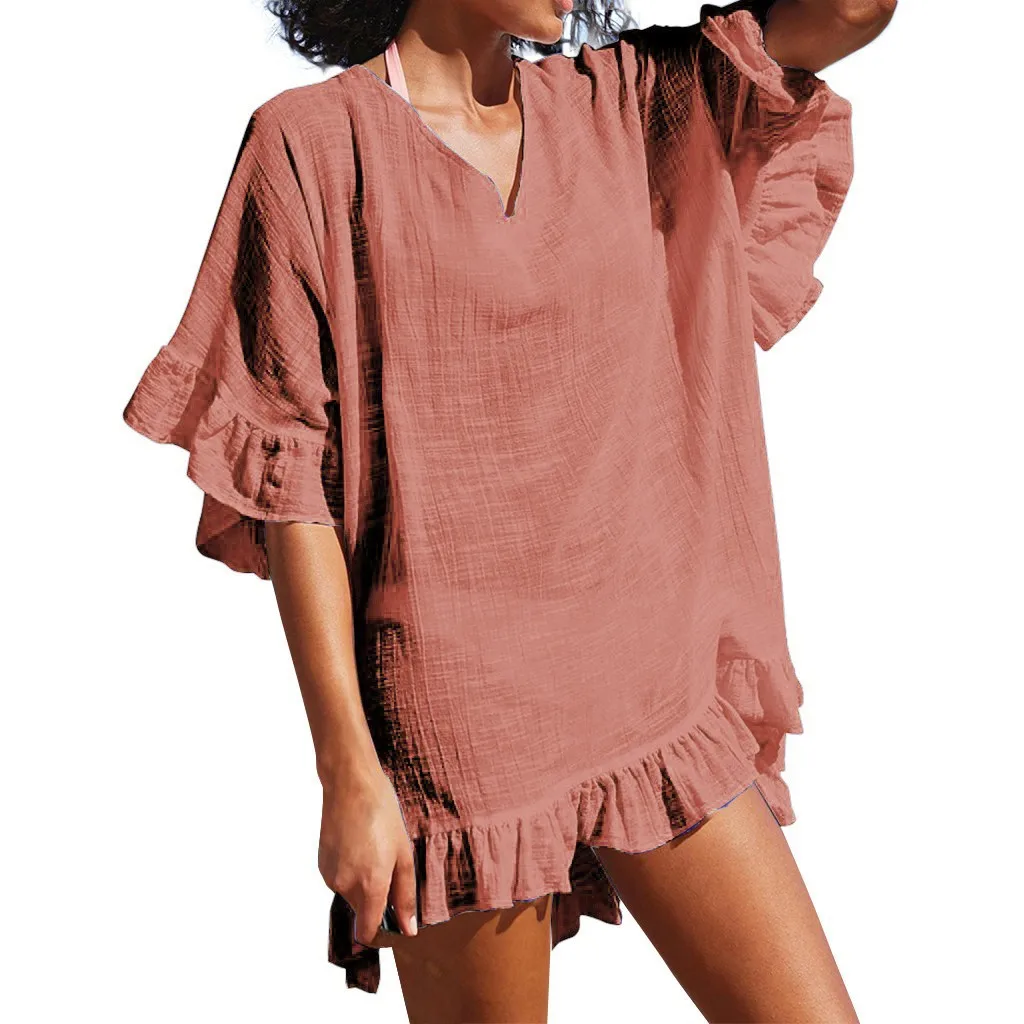 CHAMSGEND Женская летняя сексуальная модная шифоновая пляжная юбка с v-образным вырезом блузка модное Повседневное платье Солнцезащитная гофрированная блузка - Цвет: Оранжевый
