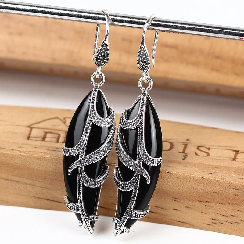

925 silver white chalcedony earrings female retro handmade long paragraph exaggerated fashion big earrings
