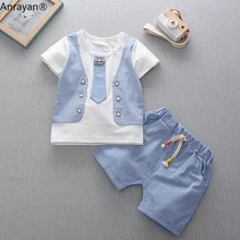 Летняя Детская Хлопковая одежда для маленьких мальчиков одежда для малышей Детский джентльменский ошейник с бантиком, футболка модная одежда для малышей Детский костюм