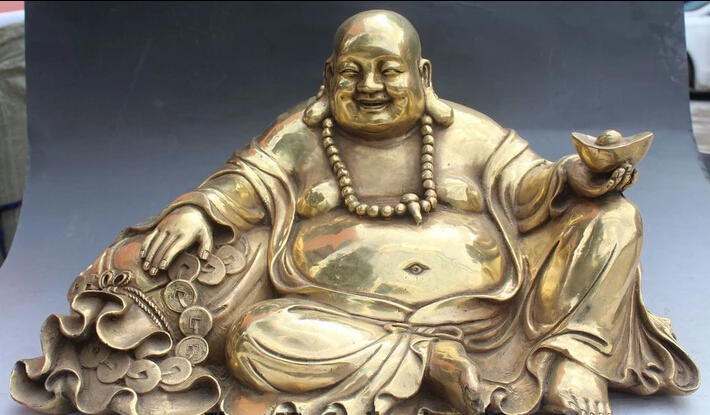 

shitou 003263 19" Chinese Bronze Wealth Coin Happy Laugh Maitreya Hold YuanBao Buddha Statue