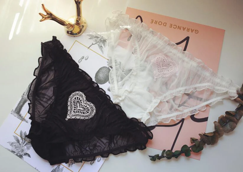 

100% Real Photos M L XL Lovely Cute Lolita Kawaii Princess Sexy Hot Mesh Heart Applique Lace Panties Underwear Brief Thong WP438