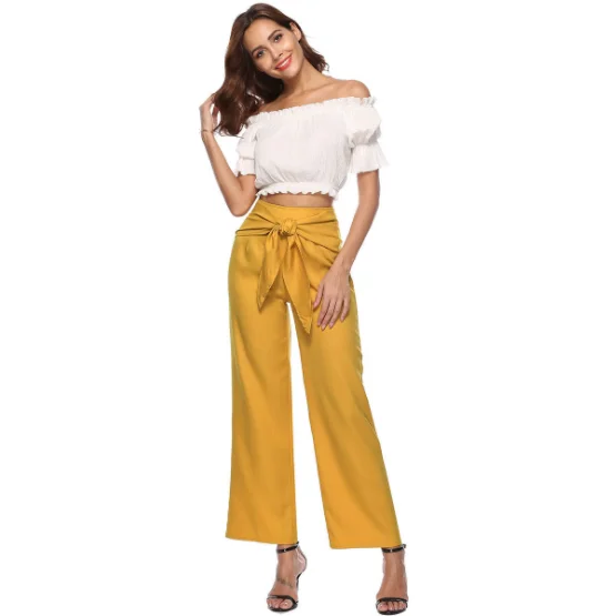 

Nadafair casual pants high waist straight pants female elastic bow waistband leg pants pants spring and summer trousers women