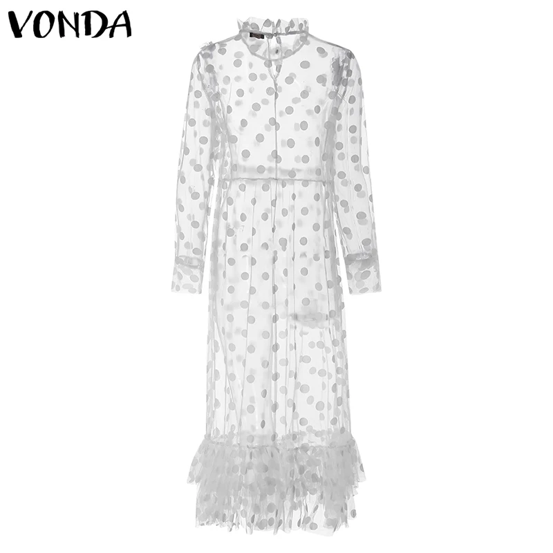 Женское кружевное платье VONDA, богемное, сексуальное, полое, длина до пола, платье, праздничное, винтажное, в горошек, с принтом, Vestido, вечерние, женское платье размера плюс