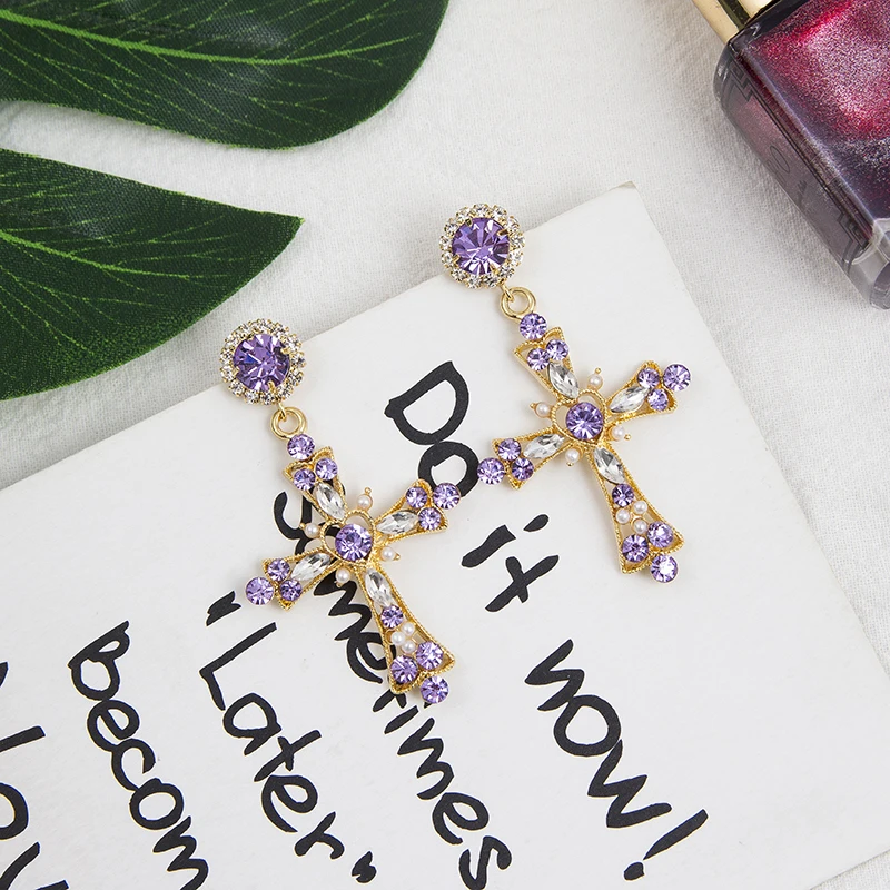New Fashion Hollow Shiny Crystal Rhinestone Cross Shape Elegant Korean Women Drop Earrings Pendientes Party Jewelry 6B1026 - Image 6