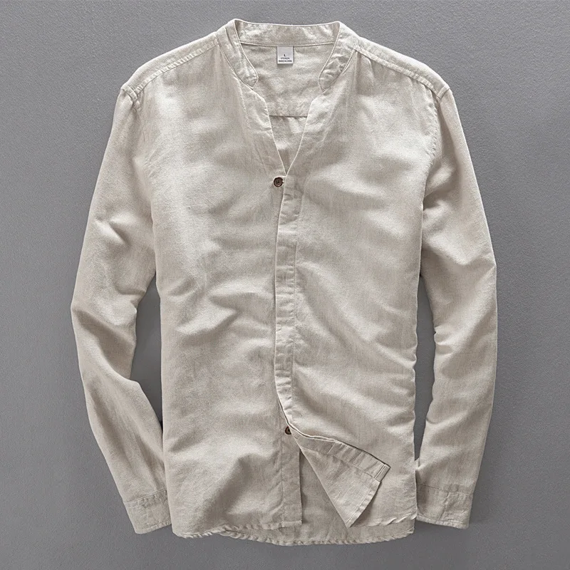 Cotton Linen Casual Shirts Men Basic Classic White Hawaiian Shirt Male Long Sleeve Stand Collar Clothing 4
