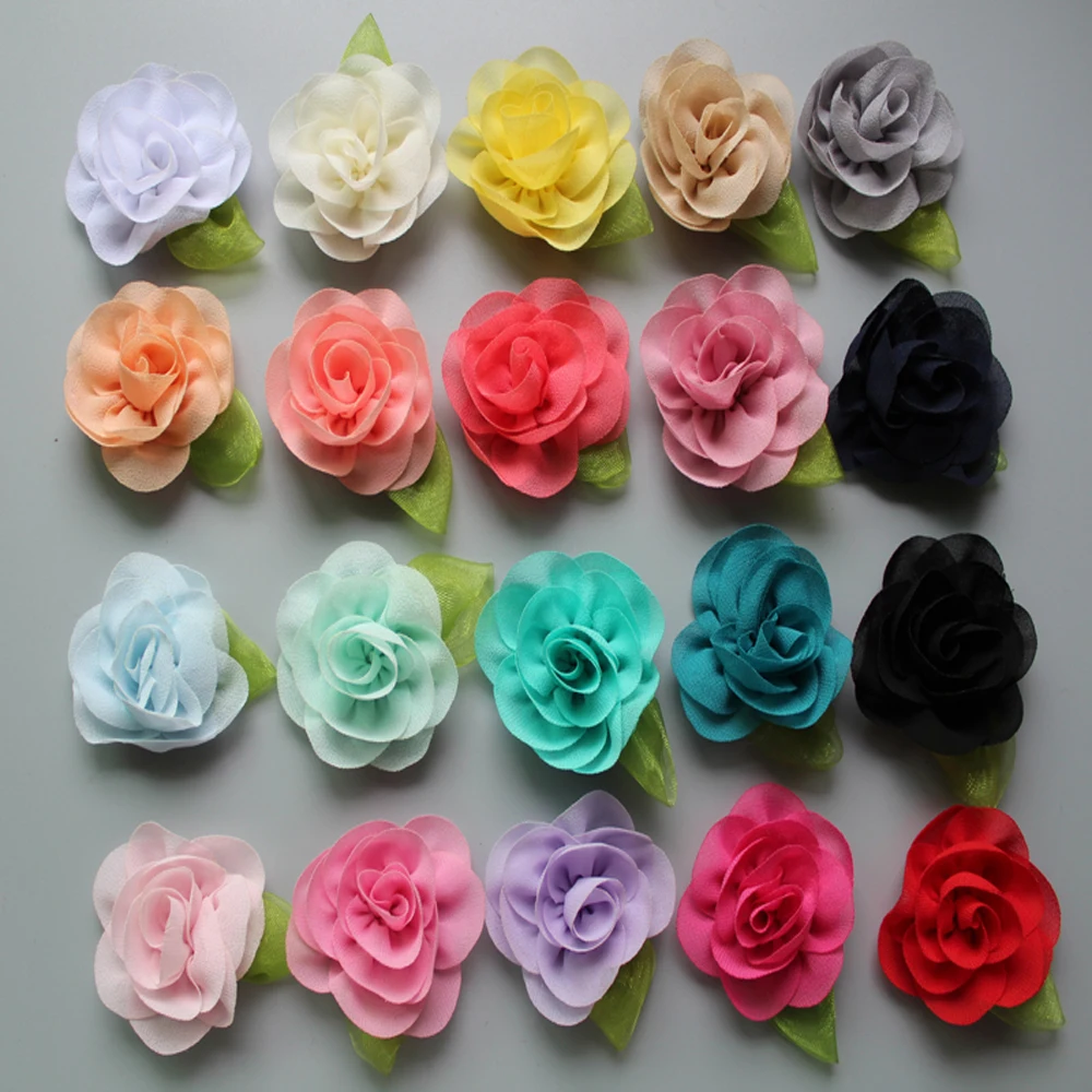 

Wholesale Korean Hair Accessory chiffon rose Flower With Leaf for Hair Clip Hair Barrettes 300pcs/lot Freeshipping