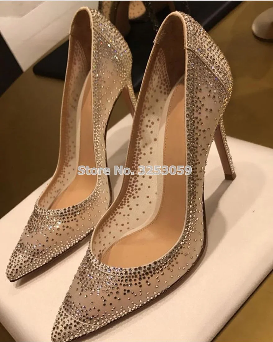 

ALMUDENA New Arrival Bling Bling Crystal Wedding Shoes Mesh Rhinestone Patchwork Dress Pumps Champagne Black Glittering Heels