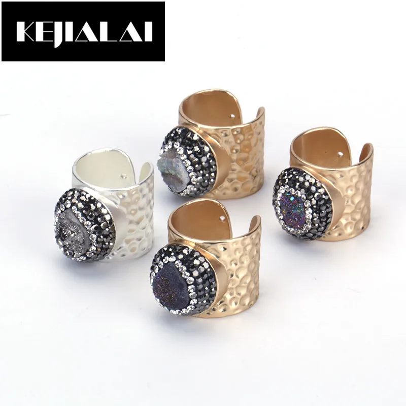 

KEJIALAI Women Jewelry Punk Accessories Metal Rings for Men Women Natural Stone Layer Paved with Rhinestone Druzy Quartz Gift