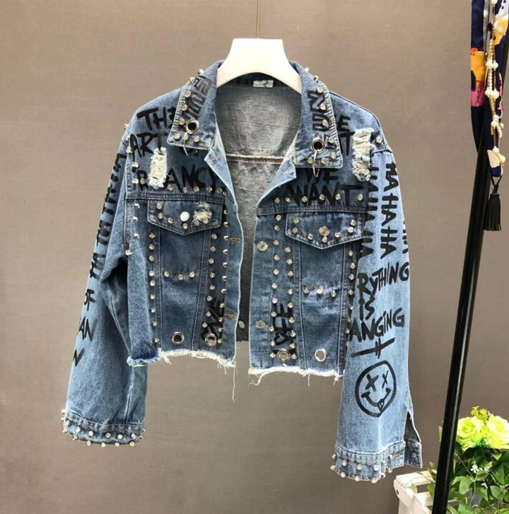 

VUW Brand Fashion Denim Jacket for Women Bead Diamond Graffiti Printed Short Jeans Coat Female Cowboy Coats Student Streetwear