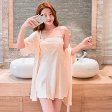 Повседневное шелковое белье комплект с халат для женщин Одноцветный халат и спагетти ремень ночная рубашка платье Летнее нижнее белье