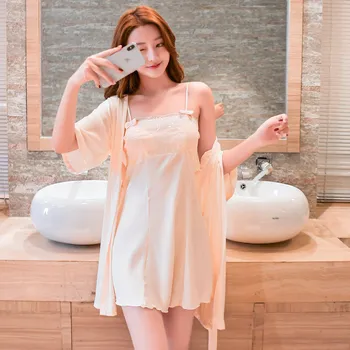 

Casual Silk Lingerie Set with Robe for Women Solid Robe and Spaghetti Strap Nighties Dress Summer Underwear