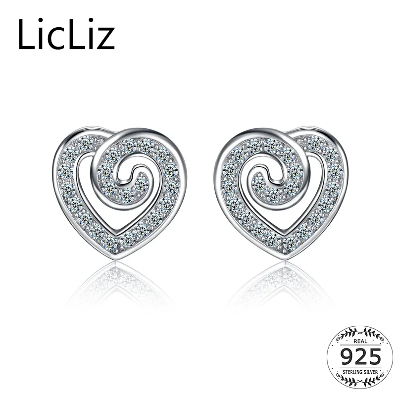 

LicLiz 925 Sterling Silver Heart Stud Earrings For Women Ear Piercing Hollow Earring Pave Cubic Zirconia Ear Studs Posts LE0347